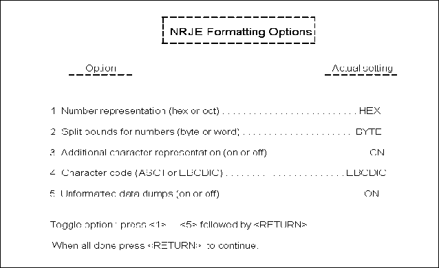 NMDUMP Formatting Options Menu for SNA NRJE