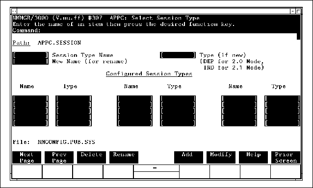 Example Select Session Type Screen