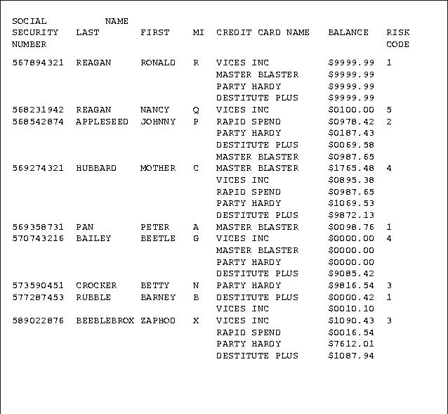 Data Set for the Example Program