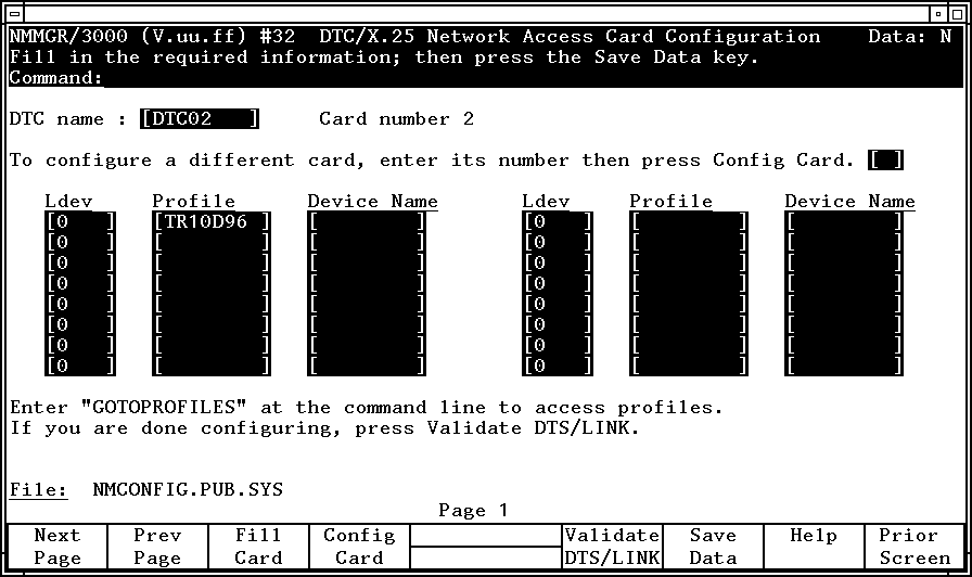 DTC X.25 Card Configuration Screen