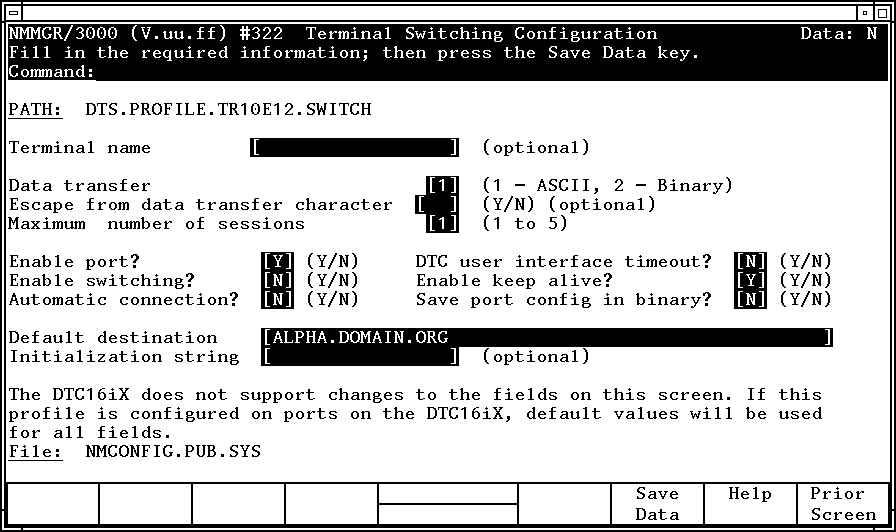 Terminal Switching Configuration Screen