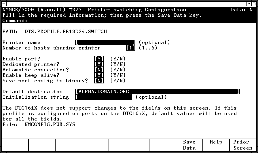 Printer Switching Configuration Screen