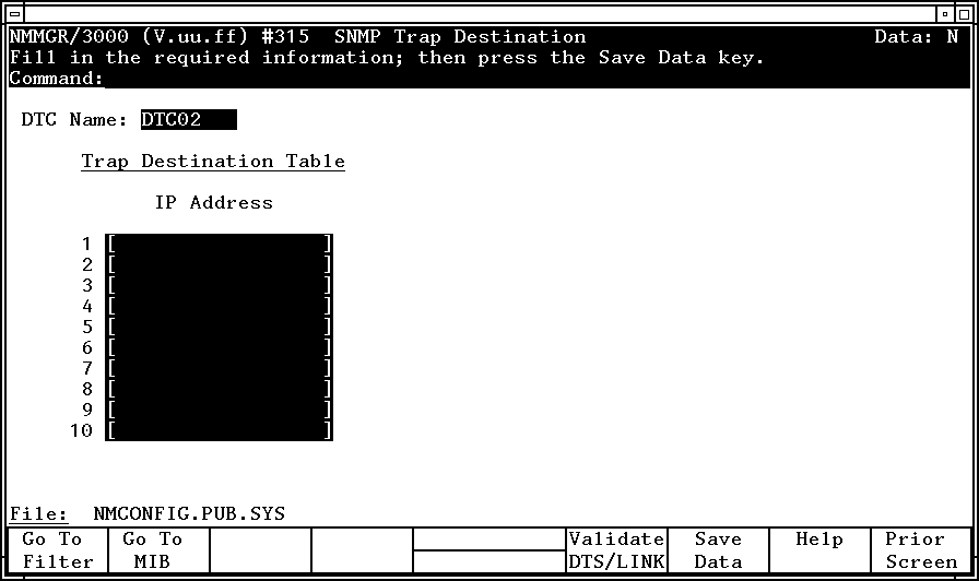 SNMP Trap Destination Screen