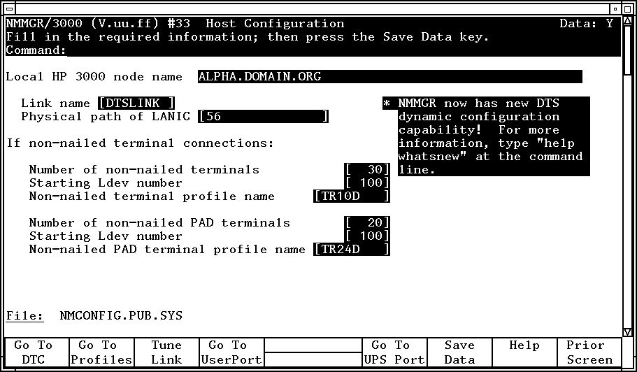 Host Configuration Screen