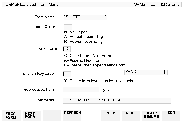 FORMSPEC Form Menu