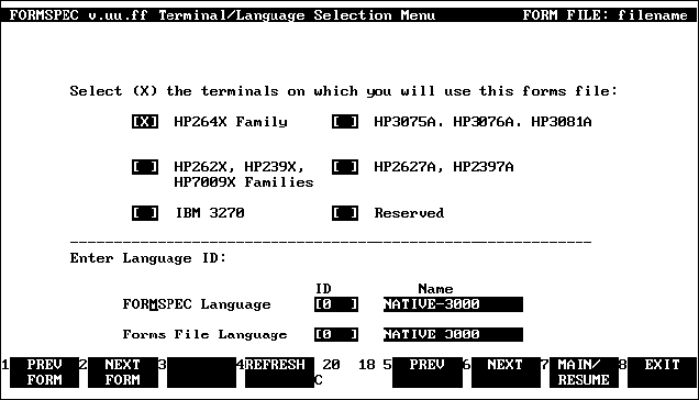 Terminal/Language Selection Menu