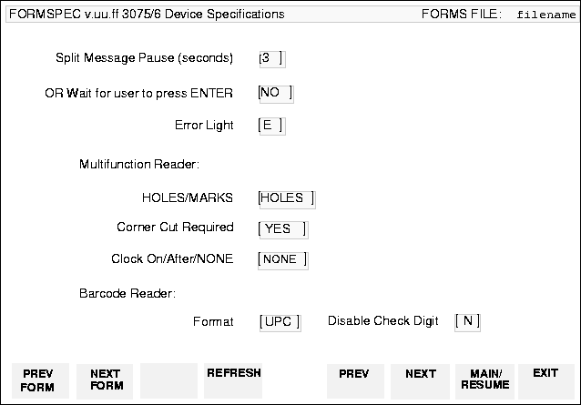 Data Capture Device Specifications Menu