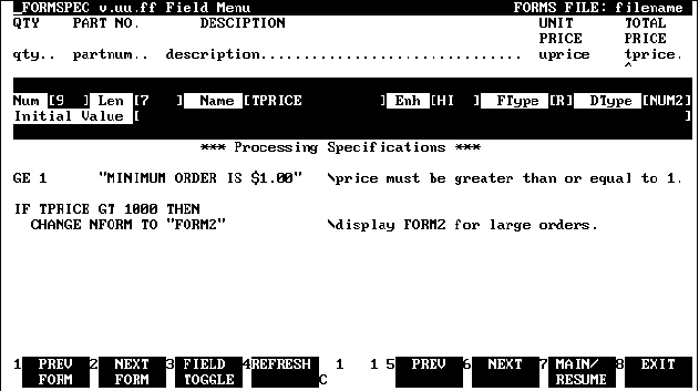 Field Menu with Processing Specifications