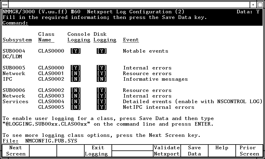[Netxport Log Configuration (2) Screen]