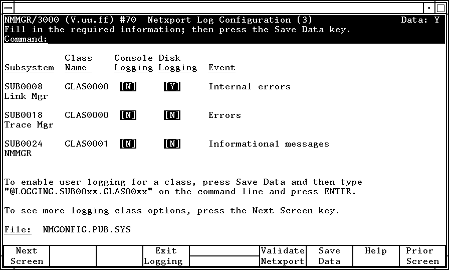 [Netxport Log Configuration (3) Screen]