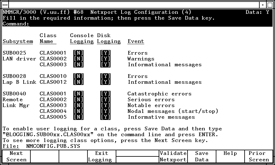 [Netxport Log Configuration (4) Screen]
