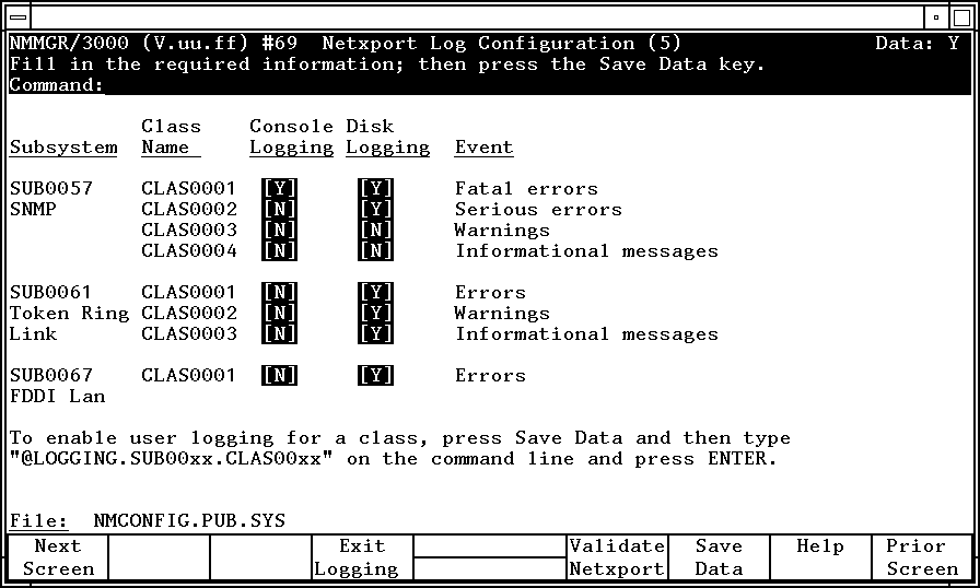 [Netxport Log Configuration (5) Screen]