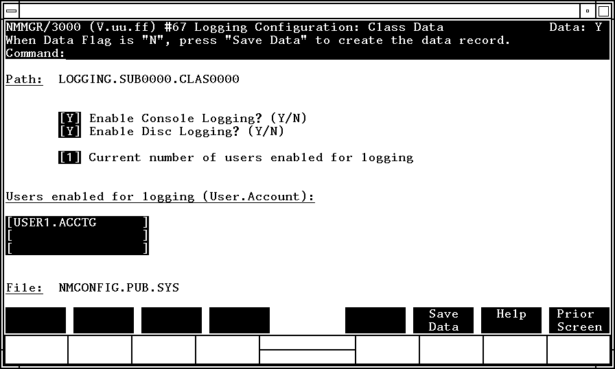 [Logging Configuration: Class Data Screen]