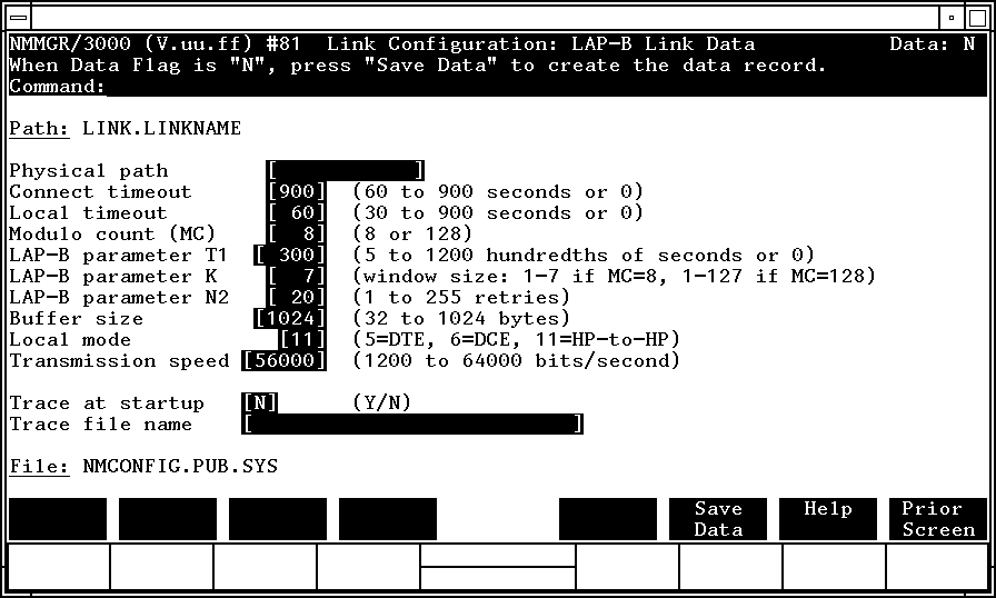 [Link Configuration: LAP-B Link Data Screen]