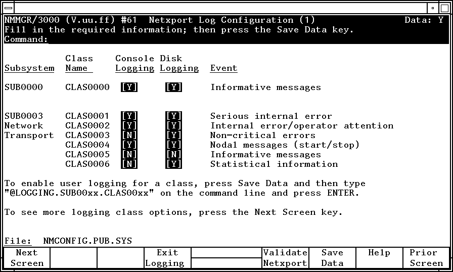 [Netxport Log Configuration (1) Screen]