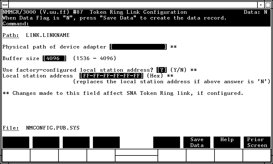 [Token Ring Link Configuration Screen]