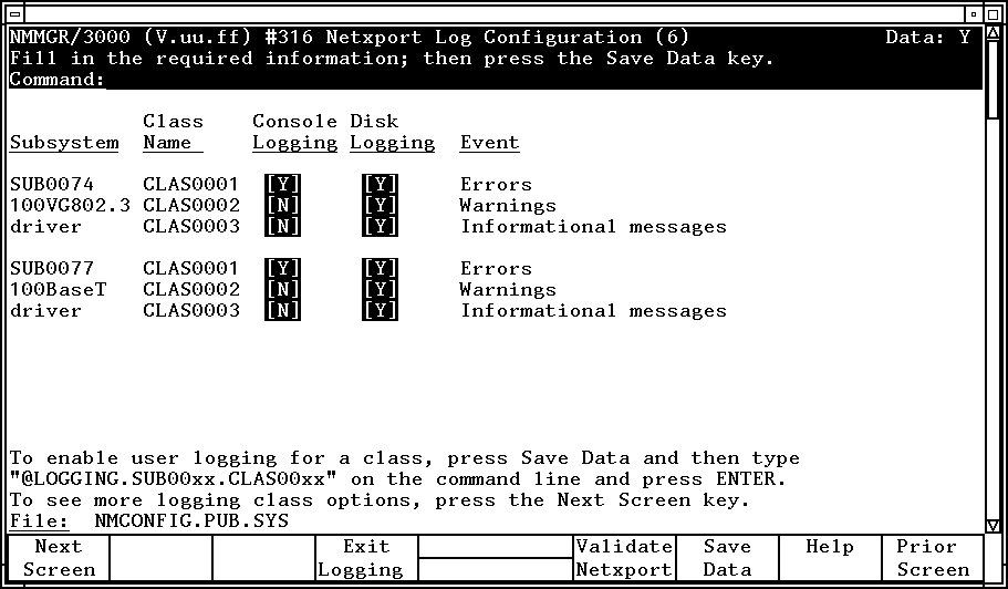 [Netxport Log Configuration (6) Screen]