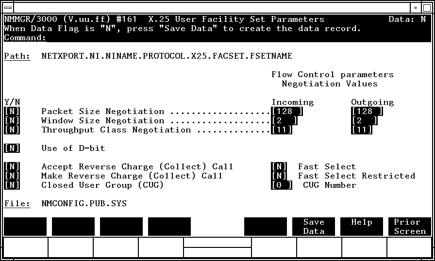 [X.25 user Facility Set Parameters Screen]