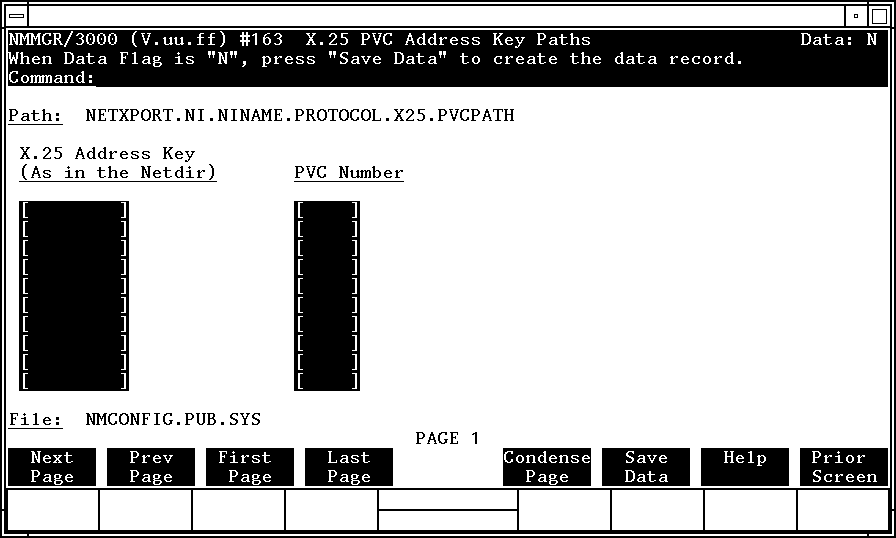 [X.25 PVC Address Key Paths Screen]