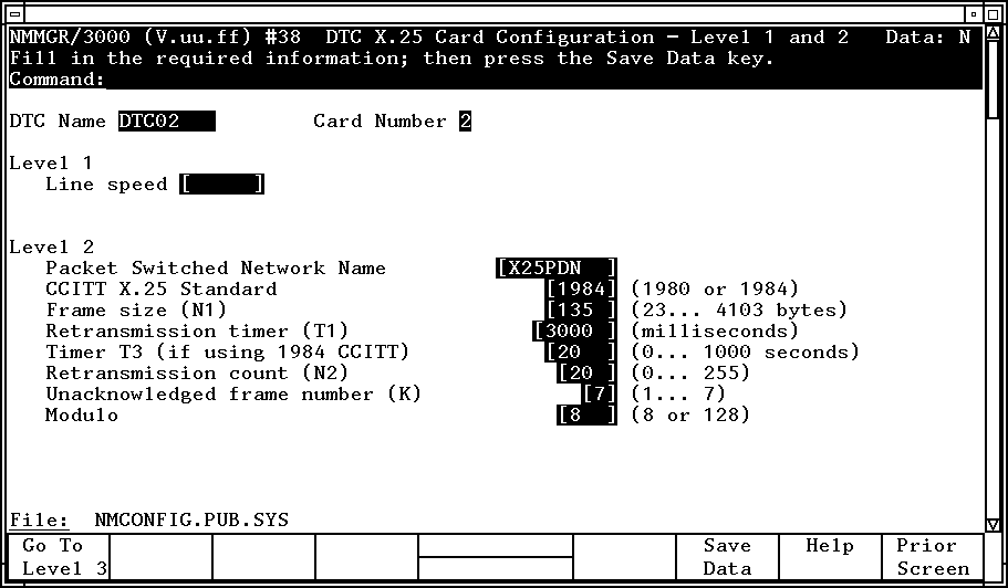 [DTC X.25 Card Configuration — Level 1 and 2 Screen]