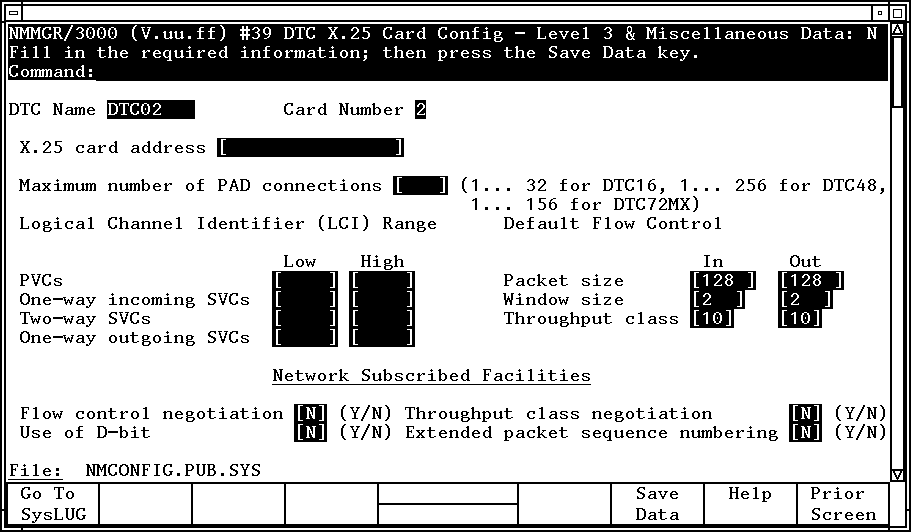 [DTC X.25 Card Configuration —
  Level 3 & Miscellaneous Screen]