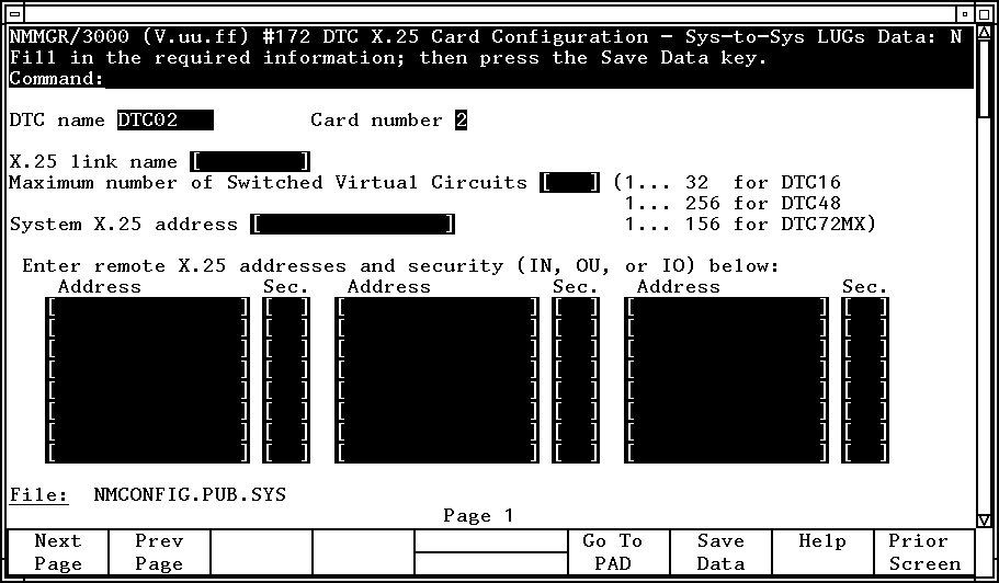 [DTC X.25 Card Configuration —
  Sys-to-Sys LUGs Screen]