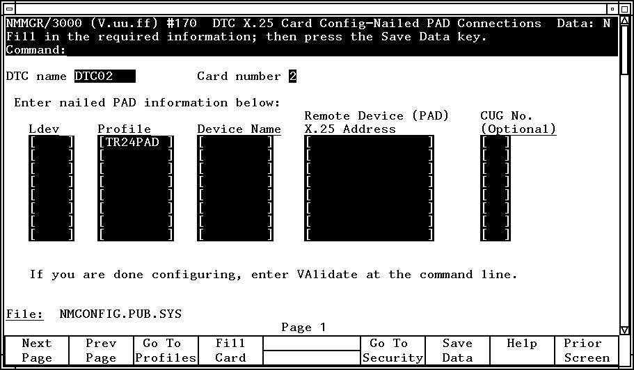 [DTC X.25 Card Configuration — Nailed PAD Connections]