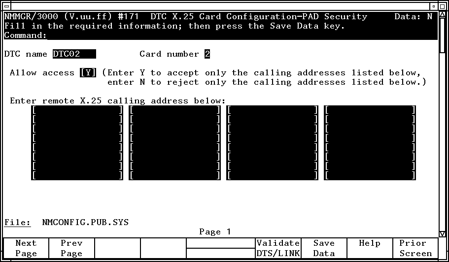 [DTC X.25 Card Configuration —
  PAD Security Screen]