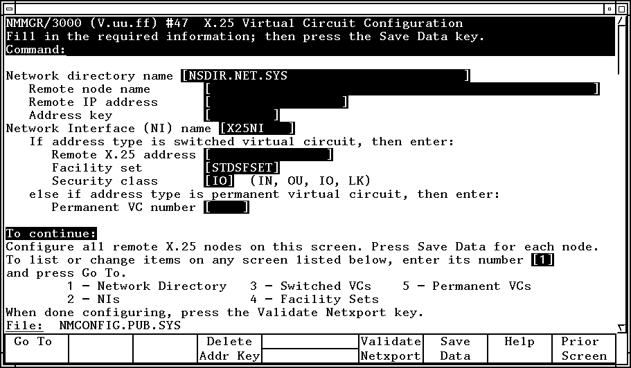 [X.25 Virtual Circuit Configuration Screen]