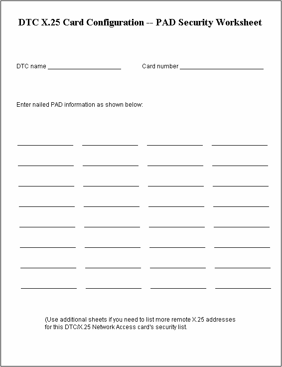 [DTC X.25 Card Configuration — PAD Security Worksheet]