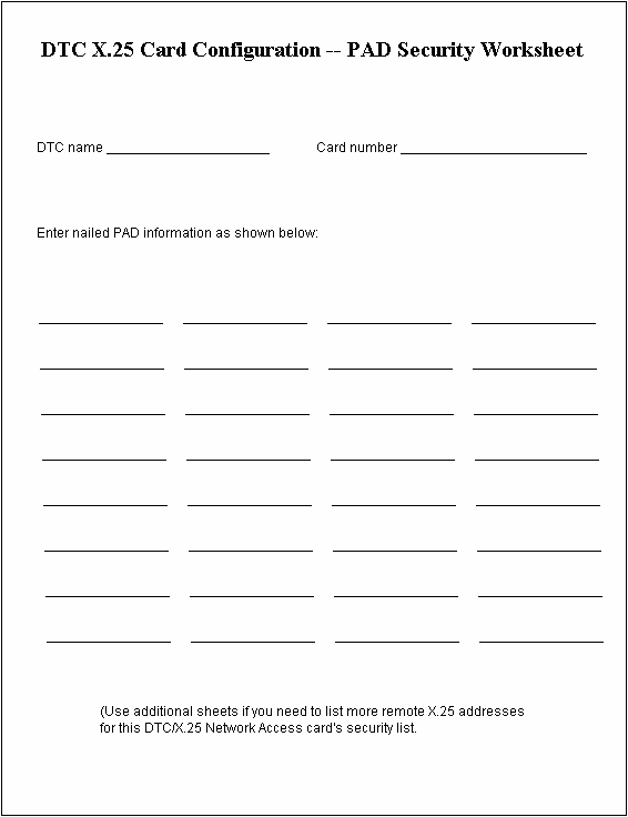 [DTC X.25 Card Configuration —
  PAD Security Worksheet]
