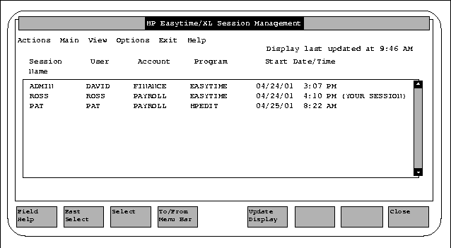 Session Management Screen
