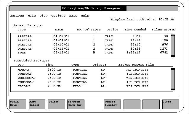 Backup Management Screen