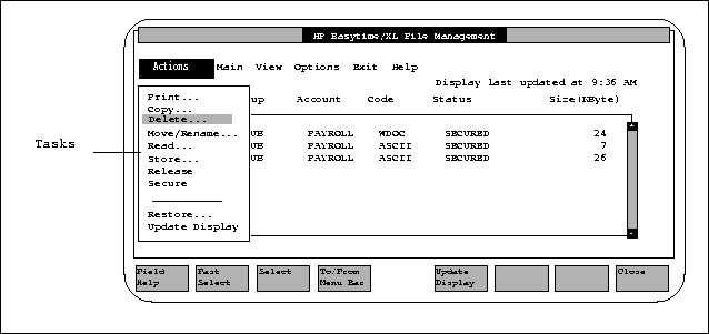 Actions Menu on File Management Screen