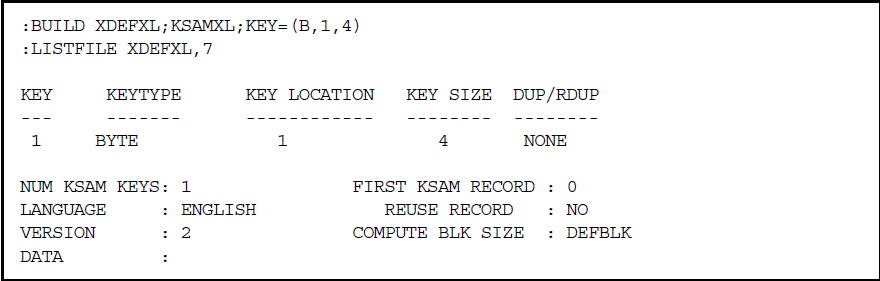 [Creating a KSAM XL file with
data block size set at 4K bytes (default)]