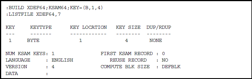 [Creating a KSAM 64 file with
data block size set at 4K bytes (default)]