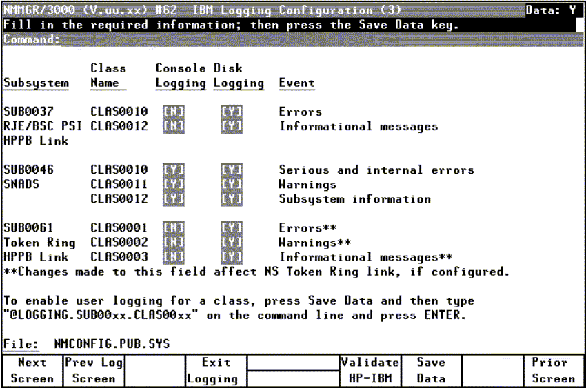 [IBM Logging Configuration (3) Screen]