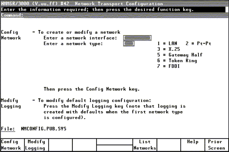 [Network Transport Configuration Screen]