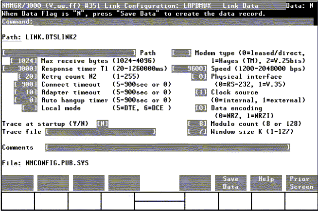 [Link Configuration: LAPBMUX Link Data Screen]