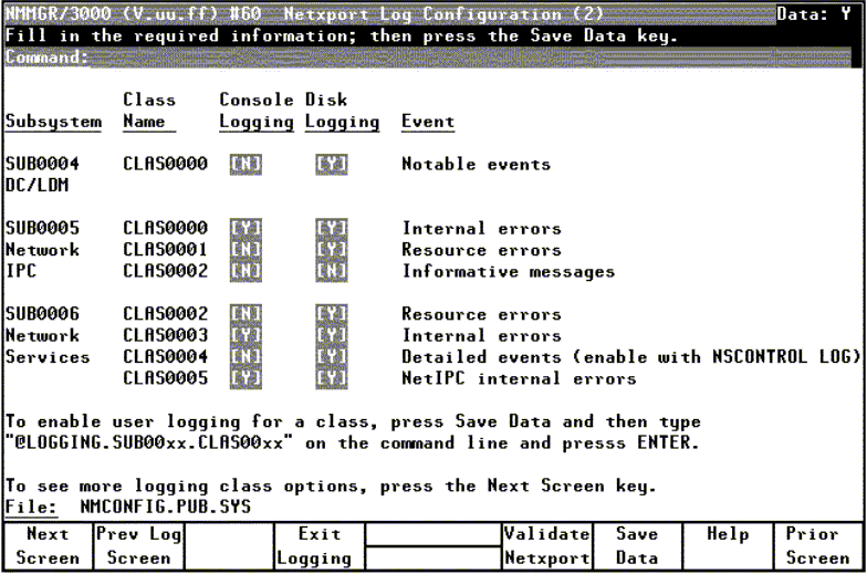 [Netxport Log Configuration (2) Screen]
