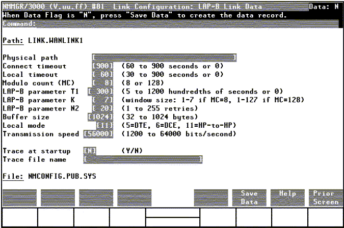 [Link Configuration: LAP-B Link Data Screen]