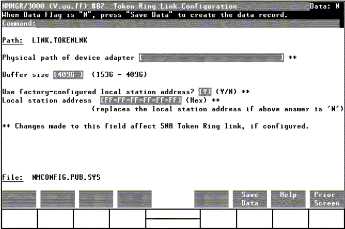 [Token Ring Link Configuration Screen]