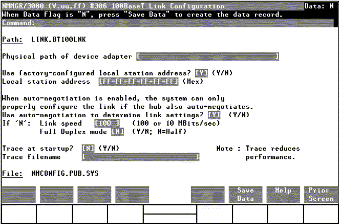 [100BaseT Link Configuration Screen]