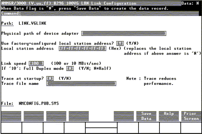 [100VG LAN Link Configuration Screen]