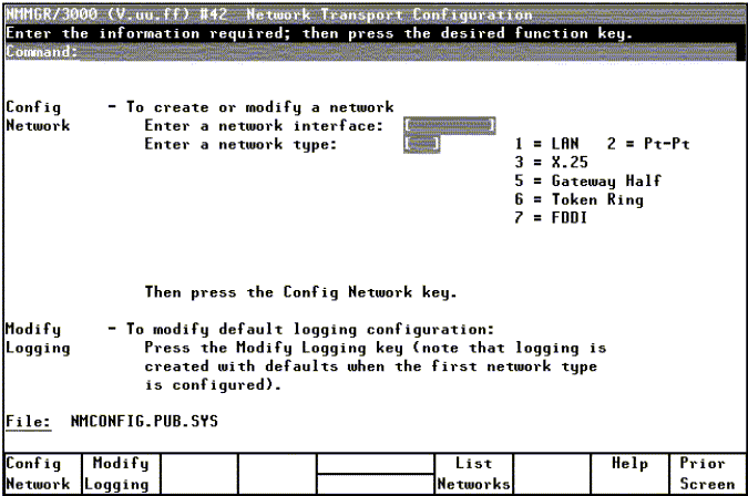 [Network Transport Configuration Screen]