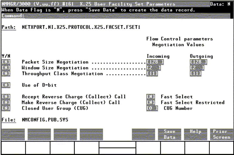 [X.25 user Facility Set Parameters Screen]