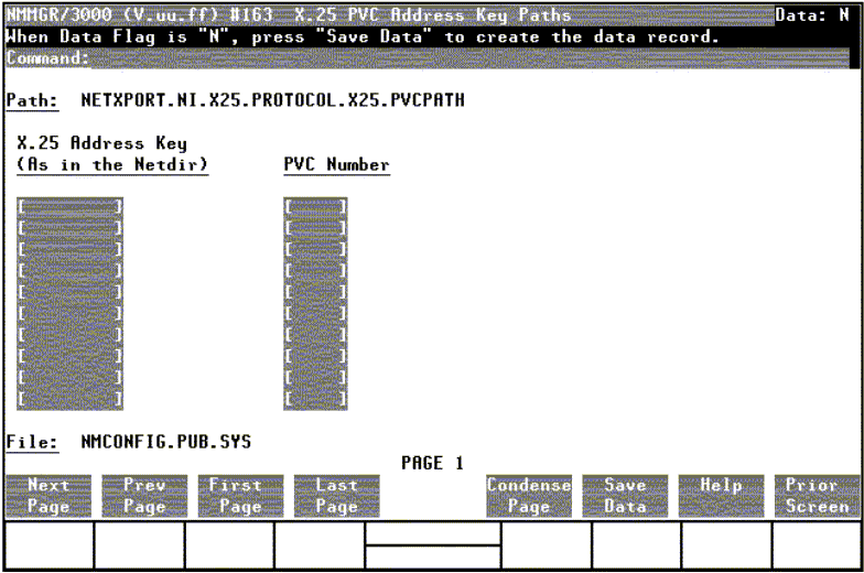 [X.25 PVC Address Key Paths Screen]