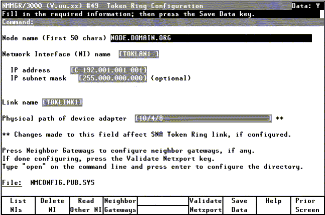 [Token Ring Configuration Screen]