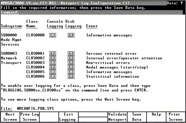 [Netxport Log Configuration (1) Screen]