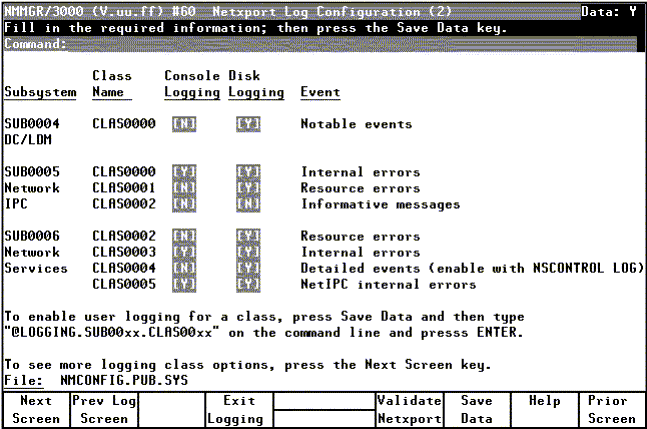 [Netxport Log Configuration (2) Screen]